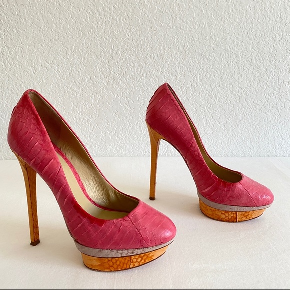brian atwood snakeskin platform pumps pink orange - Picture 3 of 11